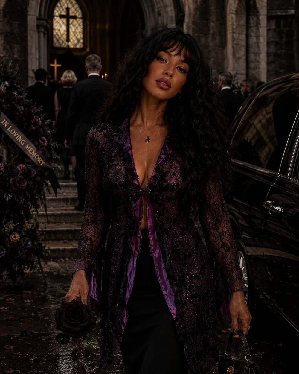 PatraVTG BlackLace glitteryRoseVelvet leavesAOP iridescent Purple Lining Sz.L/XL